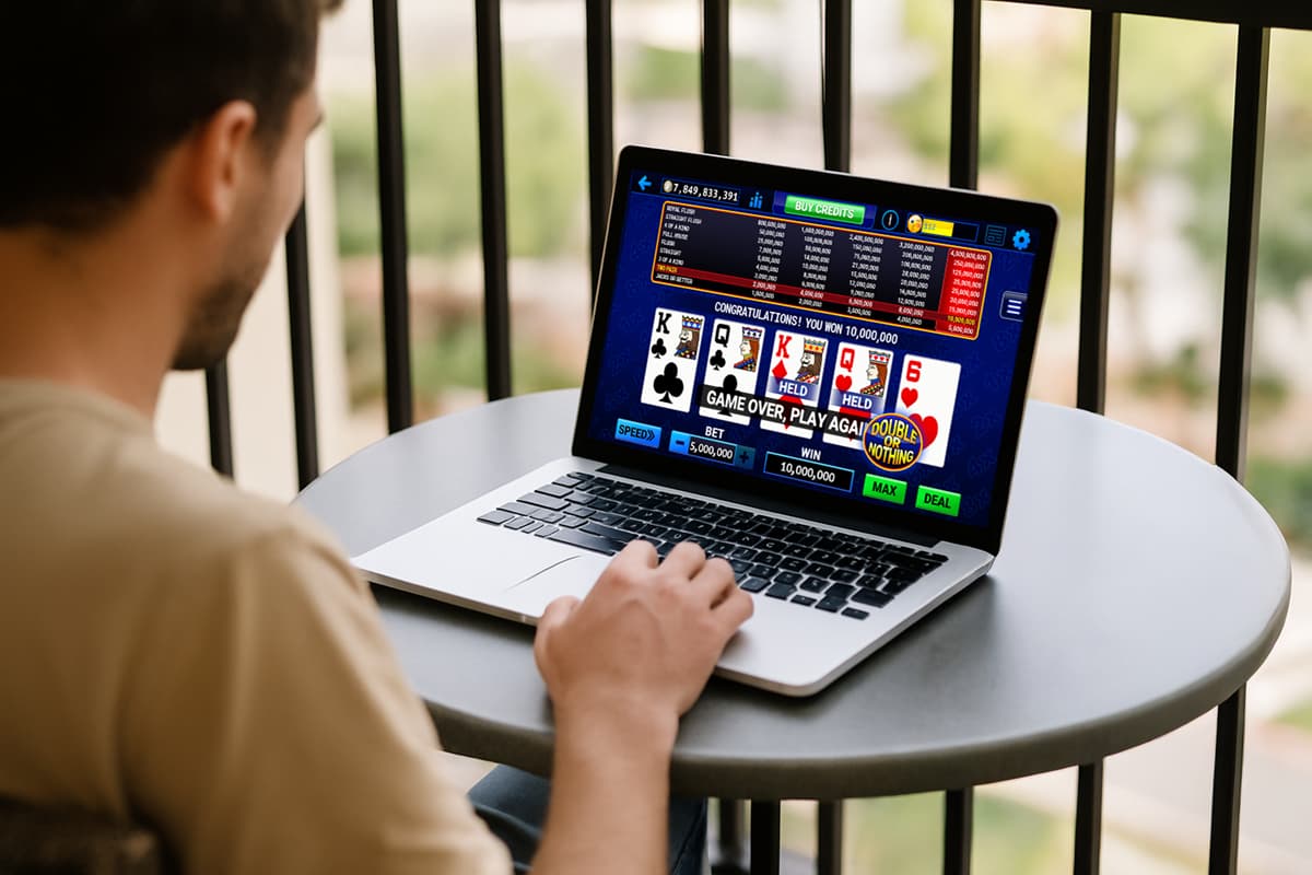 a man is playing online Jack or Better on laptop